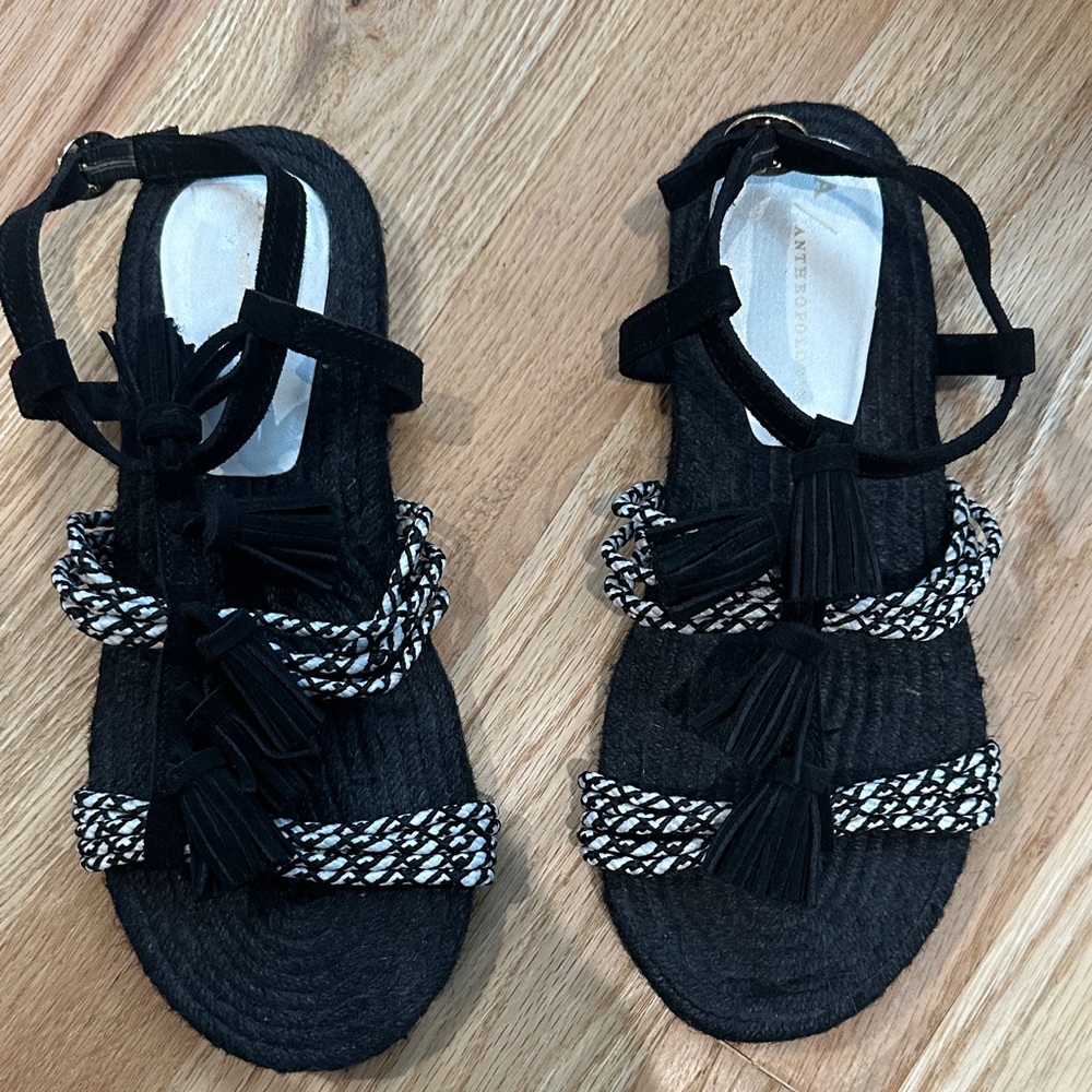 Anthropologie Black and White Tassel Sandals